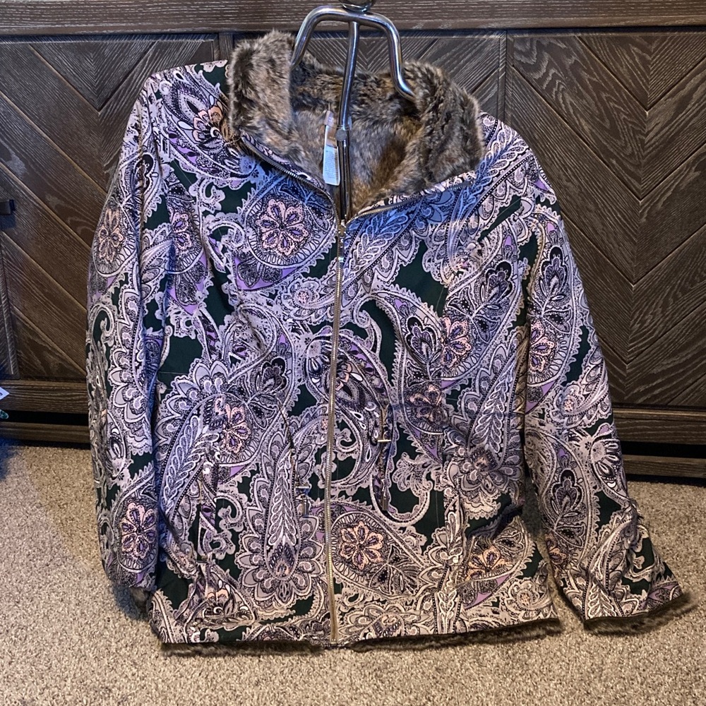 Chico's Faux Fur paisley reversible coat Jacket, NWOT